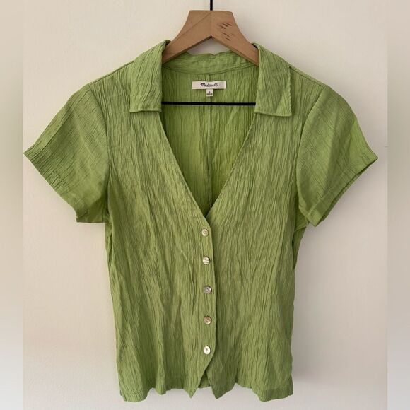 Madewell Green Plisse Short Sleeve Button Down Shirt Small - Picture 3 of 8